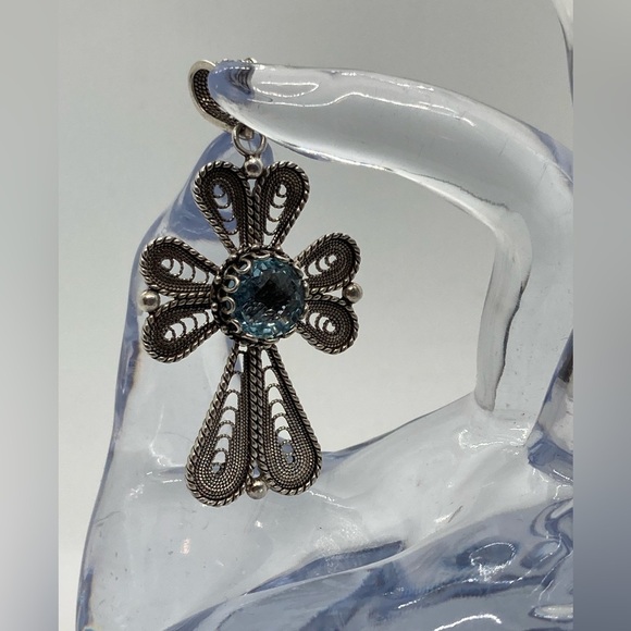 Vtg Sterling & Topaz Filigree Large Cross Pendant - DGS Turkey / 2.3” Length - Picture 7 of 11
